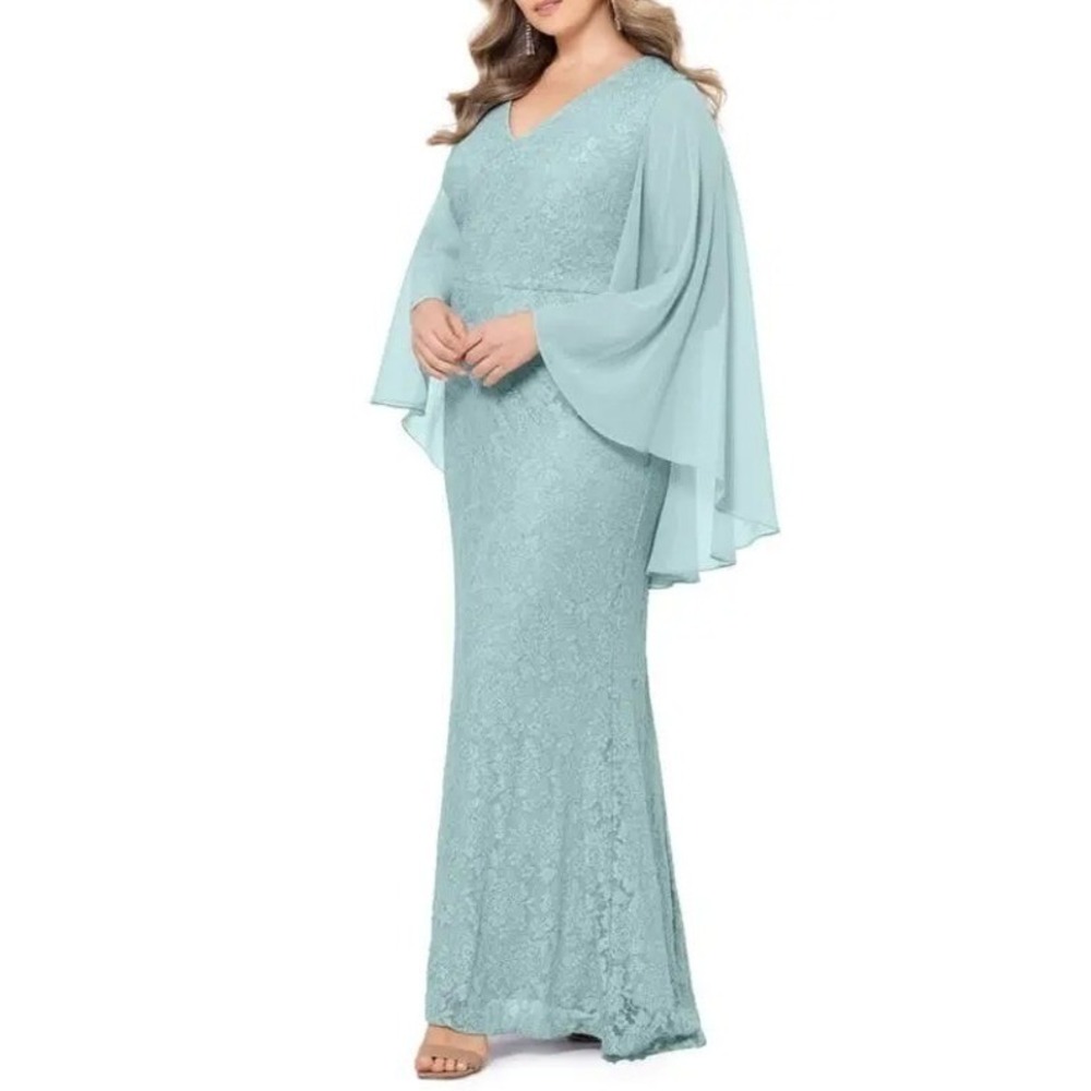 Betsy & Adam | Sage Green Lace Capelet Gown Dress | Size 16W
